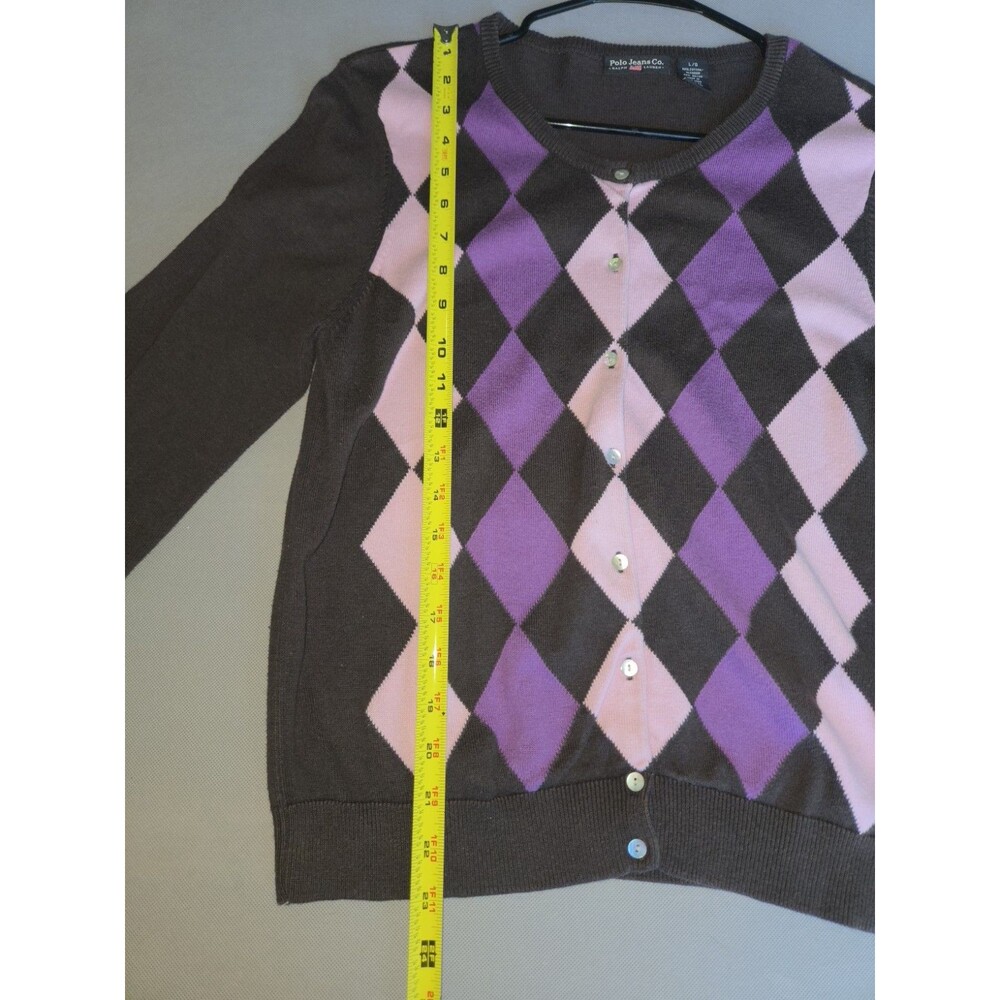 Polo Jeans Co Ralph Lauren Argyle Cardigan Sweater Womens L Brown Pink PurpleY2K - Picture 4 of 9
